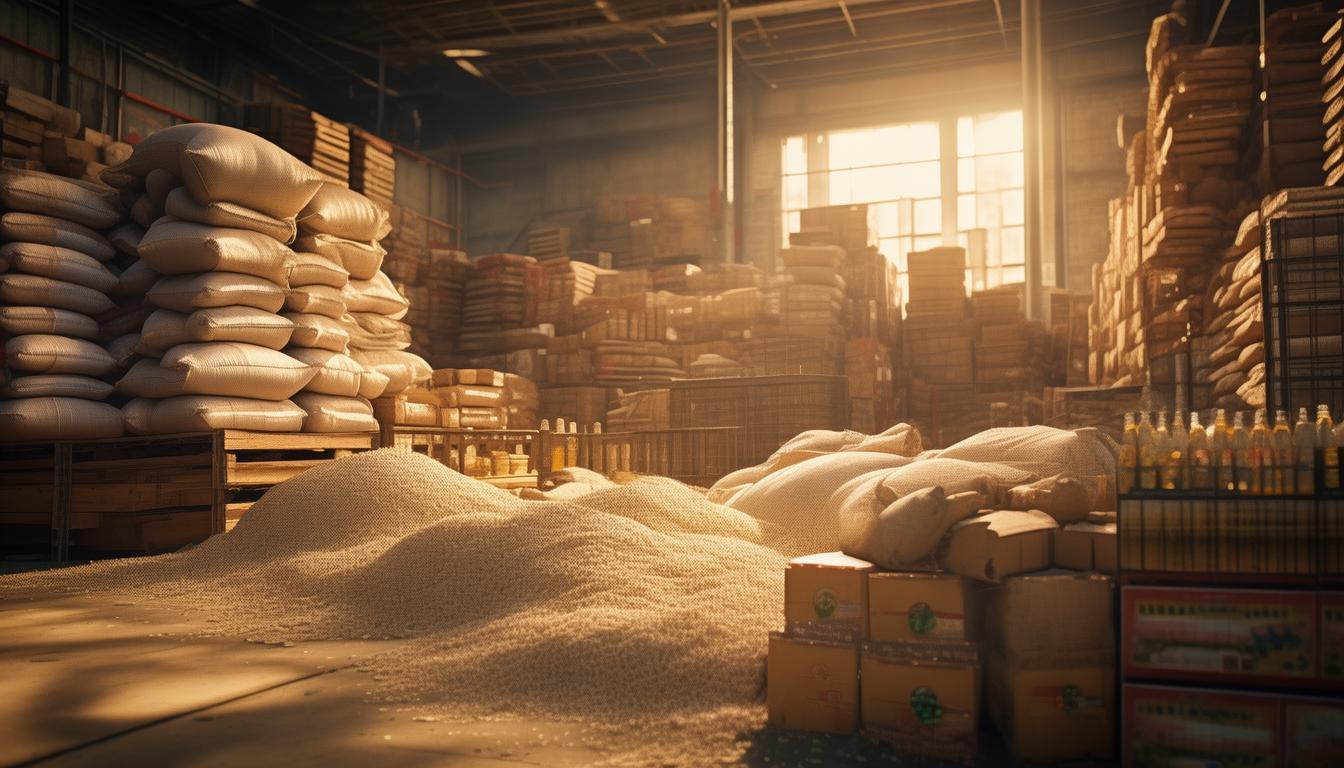 Assorted food cargo — sacks, cartons and bottles of groceries — stacked on pallets in a container warehouse