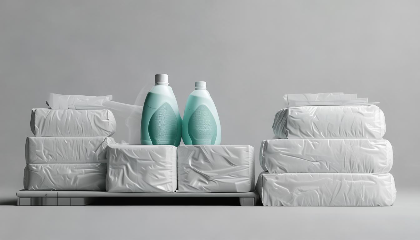 Plastic bottles and sacks of laundry detergent arranged in cartons on a pallet