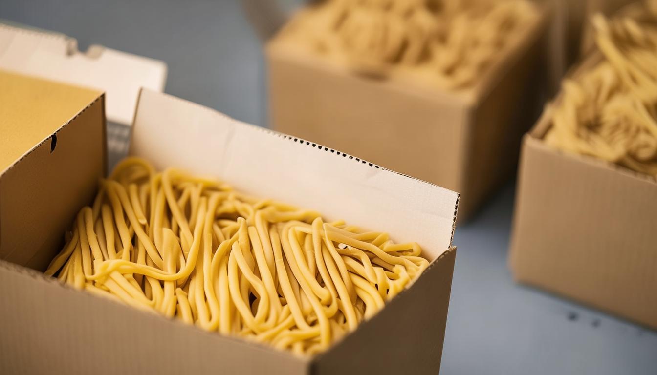 Vacuum-packed dried pasta in cartons stacked on an export pallet