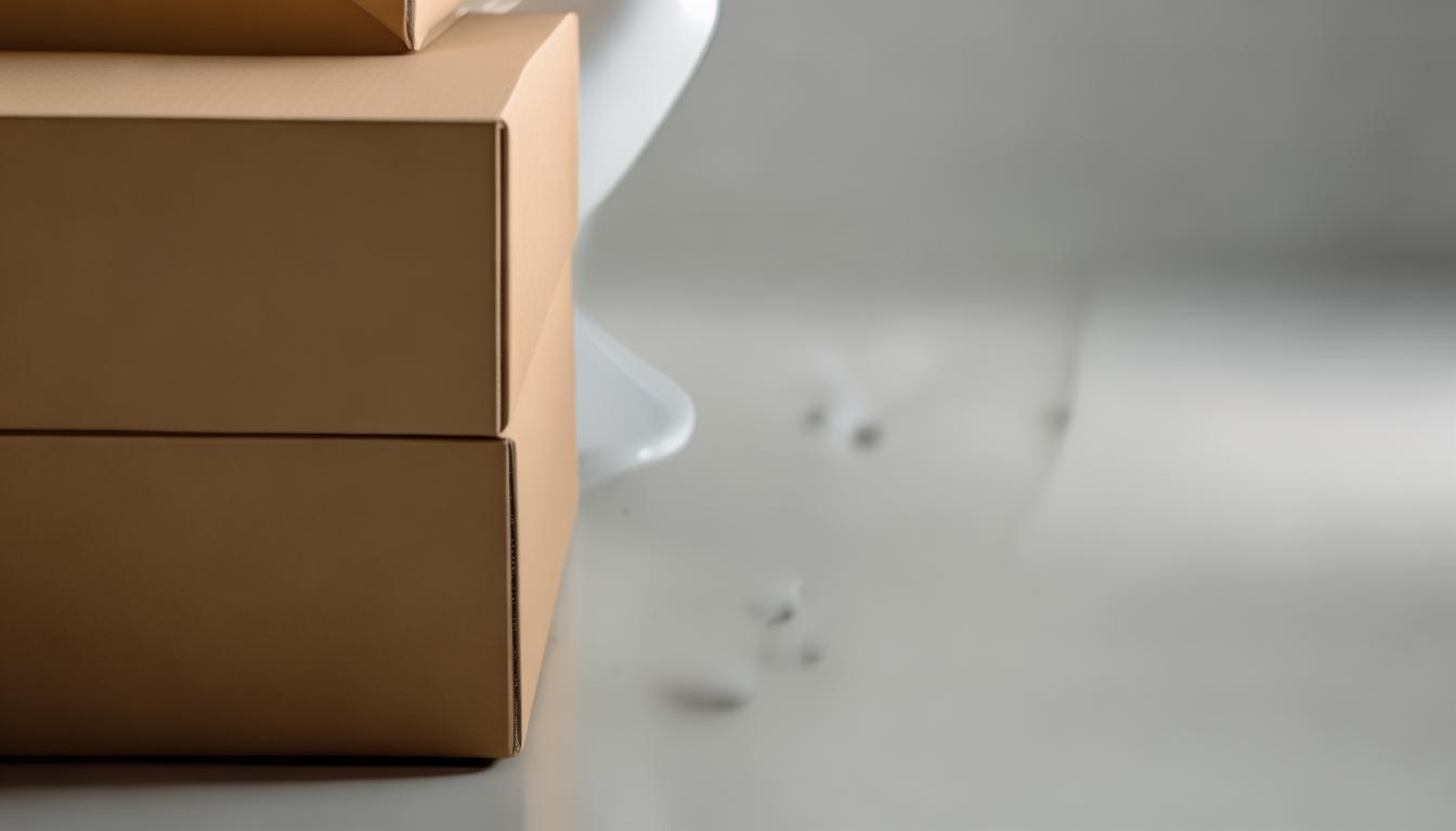 A white vitreous china toilet and a washbasin packed in plain cartons with foam protection