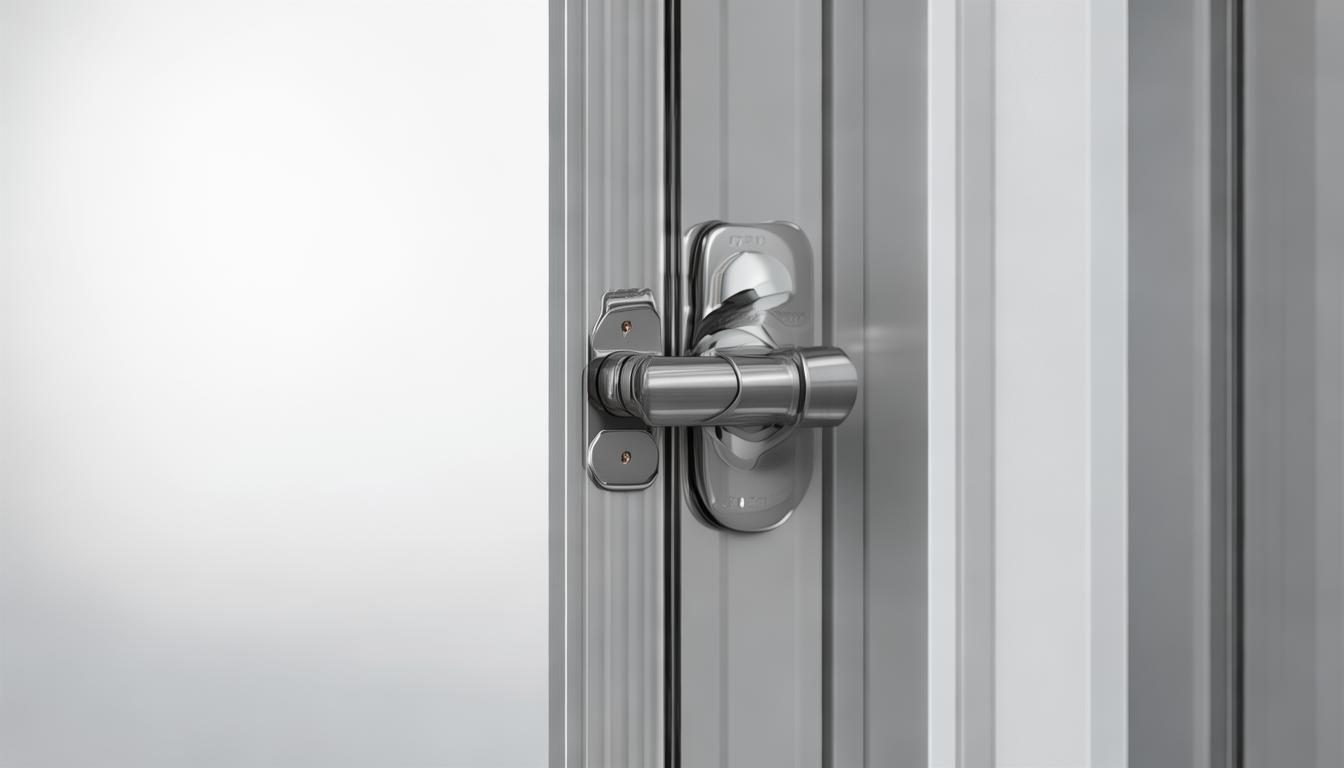 A plain steel security door with a lock set, leaning against a neutral studio backdrop